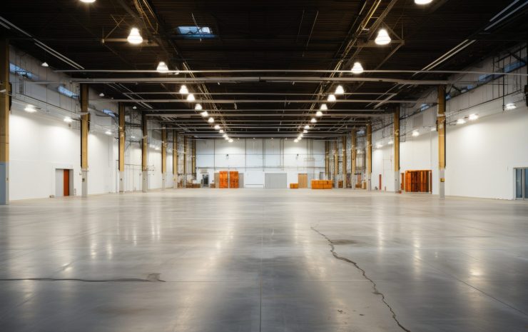 Huge, Unoccupied Warehouse with Reflective Floor - AI Generated